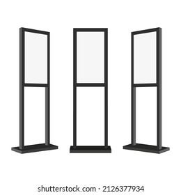 Advertising Display Stand Mockup with Blank Screen, Front and Side View, Isolated on White Background. Vector Illustration