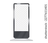 Advertising display stand realistic vector mock-up. Blank transparent screen lightbox mockup. Vertical digital signage. Template for design