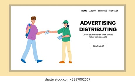 advertising distributing vector. business marketing, communication distribution, distributor strategy, information distribute, service promotion advertising distributing web flat cartoon illustration