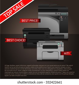 Advertising document template with vector printers and text. 