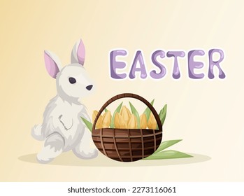 advertising Easter flyer, invitation, banner, with a hare, flowers, leaves, basket. vector. cartoon, flat style. lettering