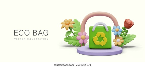 Advertising of eco bags. Green bag with recycling sign is standing on round podium