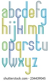 Advertising elegant bright striped font, lowercase letters with outline.
