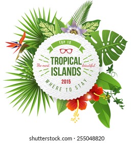 Advertising emblem with type design and tropical flowers and plants