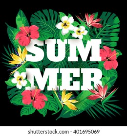 Advertising emblem with type design and tropical flowers and plants. Tropical paradise. Summer.