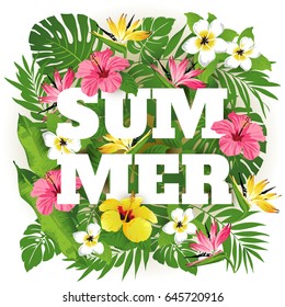 Advertising emblem with type design and tropical flowers and plants. Tropical paradise. Summer. 