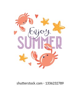 Advertising "Enjoy summer" vector banner template with cartoon style crabs, starfish and hearts. Handrawn cute doodle illustration. Banner for summer beach and sea holiday season.