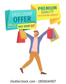 Advertising of an exclusive offer and premium quality. Natural products in the store. Man with shopping bags is smiling happily. Young handsome fashion shopper guy picks up multi-colored packages