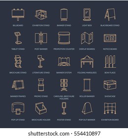 Advertising exhibition banner stands, display line icons. Brochure holders, pop up boards, bow flag, billboard folding marquees and other promotion design elements. Trade objects thin linear signs.