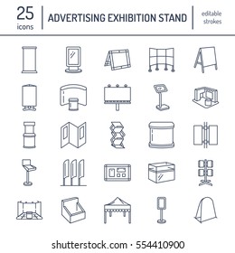 Advertising exhibition banner stands, display line icons. Brochure holders, pop up boards, bow flag, billboard folding marquees and other promotion design elements. Trade objects thin linear signs.