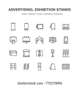 Advertising exhibition banner stands, display line icons. Brochure holders, pop up boards, bow flag, billboard folding marquees promotion design elements. Trade objects signs. Pixel perfect 64x64.