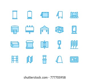 Advertising exhibition banner stands, display line icons. Brochure holders, pop up boards, bow flag, billboard folding marquees promotion design elements. Trade objects signs. Pixel perfect 64x64.
