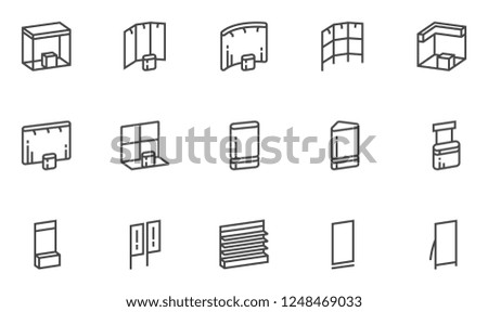 Advertising Exhibition Banner Stands, Display Vector Line Icons Set. Roll-up Poster, Billboard, Fair Desk And Concave Wall. Editable Stroke. 48x48 Pixel Perfect.