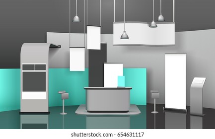 Advertising exhibition stand 3D mockup with futuristic interior suspending lighting fixtures and empty rectangular banners vector illustration