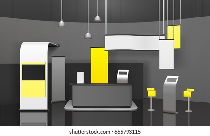 Advertising exhibition stand with counter, banners, displays, shelves for handout on glossy floor 3d mockup vector illustration