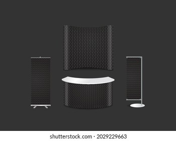 Advertising exhibition stand design with black metal patterns texture steel background corporate identity style, vector illustration