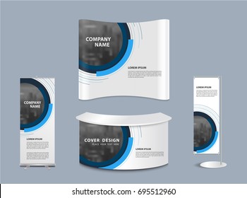 Advertising exhibition stand design with promotional elements in corporate identity style isolated vector illustration