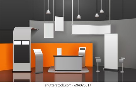 Advertising exhibition stand mockup 3D composition with display fixtures information boards screens chairs desk and lighting vector illustration 