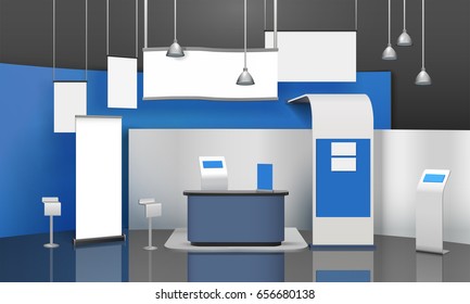 Advertising exhibition stand mockup 3D composition with blank projection display cards and lamps suspended from ceiling vector illustration