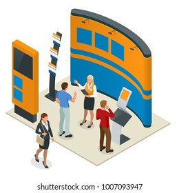 Advertising exhibition stands mockup 3D composition for a recruitment agency or tour agencies. Vector isometric illustration