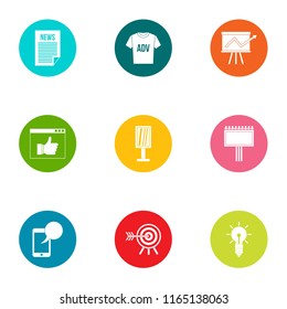 Advertising extension icons set. Flat set of 9 advertising extension vector icons for web isolated on white background