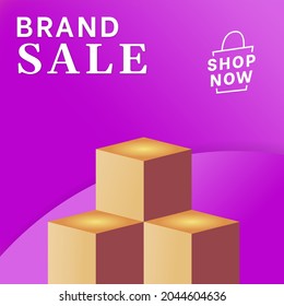Advertising feed design for shopping services or the like, there are three golden podiums for placing products or goods on a purple background.