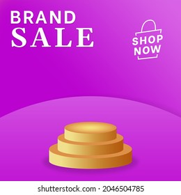 Advertising feed design for shopping services or the like, there is a golden podium for placing products or goods on a purple background.