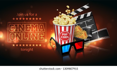 Advertising for the film industry. Film, popcorn, glasses and tickets  on a reflective surface. 3D vector. High detailed realistic illustration