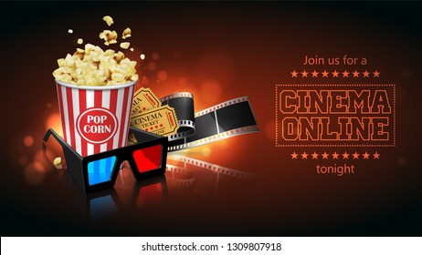 Advertising for the film industry. Film, popcorn, glasses and tickets  on a reflective surface. 3D vector. High detailed realistic illustration