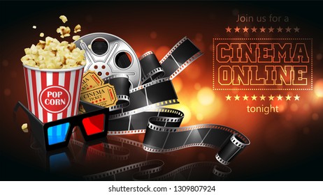 Advertising for the film industry. Film, popcorn, glasses and tickets  on a reflective surface. 3D vector. High detailed realistic illustration