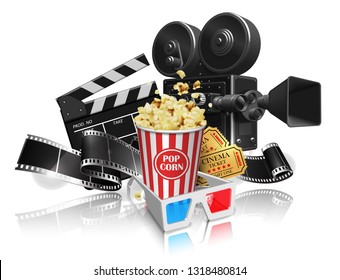 Advertising for the film industry. Film, popcorn, glasses and tickets  on a reflective white surface. 3D vector. High detailed realistic illustration