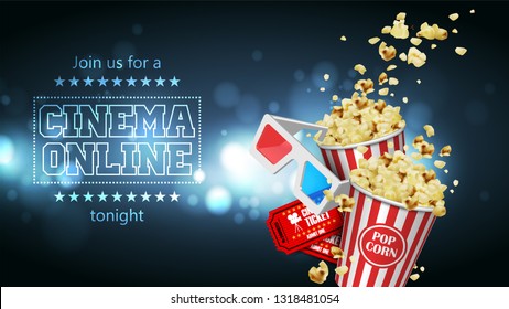 Advertising for the film industry. Popcorn, glasses and tickets  on a background with highlights. 3D vector. High detailed realistic illustration