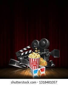 Advertising for the film industry. Film, popcorn, glasses and tickets  on a wooden stage. 3D vector. High detailed realistic illustration