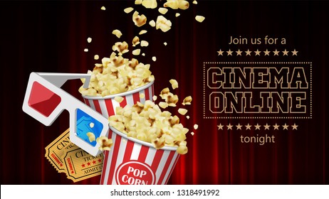 Advertising for the film industry. Popcorn, glasses and tickets   against a red curtain. 3D vector. High detailed realistic illustration