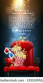 Advertising for the film industry. Popcorn, glasses and tickets  on a theater chair. 3D vector. High detailed realistic illustration