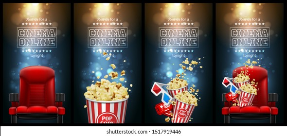 Advertising for the film industry. Popcorn, glasses and tickets  on a theater chair. 3D vector. High detailed realistic illustration