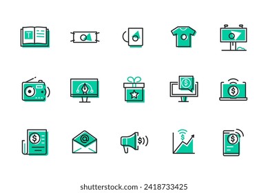 Advertising and Finance - set of line design style icons isolated on white background. High quality images of message, money, information and corporate ads, gift, media and gadgets idea