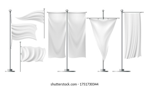 Advertising flags on stands. White textile sheet standing banners for beach promo, blank silk ads flag mockups vector illustration, folding banner tampletes for exhibitions and events