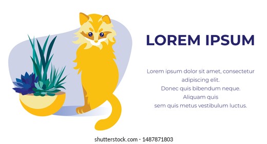 Advertising Flat Banner with Cartoon Cute Fluffy Kitten and Home Flower in Pot. Potted Succulent and Aloe Houseplant and Cat. Pats Care. Greenhouse. Greeting Placard. Vector Illustration