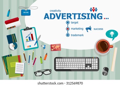 Advertising and flat design illustration concepts for business analysis, planning, consulting, team work, project management. Advertising concepts for web banner and printed materials.