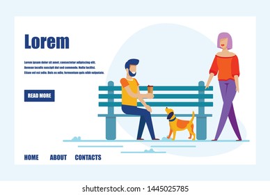 Advertising Flat Landing Page. Advices to Find Love. Creation New Relationships. Ways to Happiness and Happy Life. Flat Cartoon Woman Walking Dog and Man Drinking Coffee on Bench. Vector Illustration