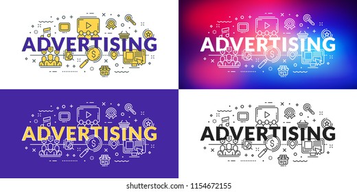 Advertising. Flat line illustration concept for web banner and printed materials. Vector illustration in 4 different styles