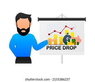 Advertising with flat price drop for banner design. Vector background. Sale banner. Mega sale. Price tag
