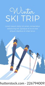 Advertising flyer about winter ski trip flat style, vector illustration. Winter sport activities, equipment, place for text. Decorative design, skis in snow against background of mountains