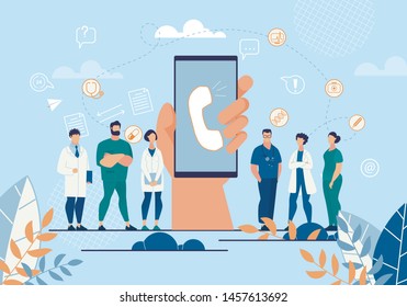 Advertising Flyer Ambulance Help Application. Close Up on Phone Screen Call Button. App to Call Doctor and Consult Online. Clinic Staff are Available to Patient. Vector Illustration.