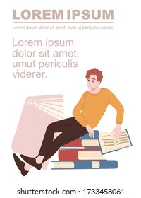 Advertising flyer banner design with man sit on stack of books empty open book flat vector illustration on white background