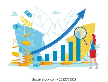 Advertising Flyer Budget Allocation Cartoon Flat. Collecting and Converting Leads iInto Buyers through Email Marketing. Woman Looks at Chart Arrow Through Magnifying Glass. Vector Illustration.