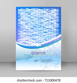 Advertising flyer business presentation. Blue gradient blurry background with elegant graphic light ellipse & dna icon. Vector illustration EPS 10 for template brochure, layout leaflet, annual report