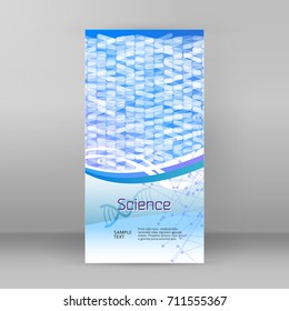 Advertising flyer business presentation. Blue gradient blurry background with elegant graphic light ellipse & dna icon. Vector illustration EPS 10 for template brochure, layout leaflet, annual report