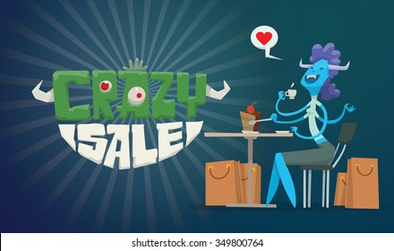 Advertising flyer with cartoon blue female monster sitting in a cafeteria, drinking tea and eating cake. Under the table are many shopping bags with goods. black background. vector illustration